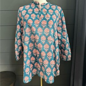 Dolma Teal Coral Patterned V-neck Beachy Boho Lightweight Artsy Boutique Tunic